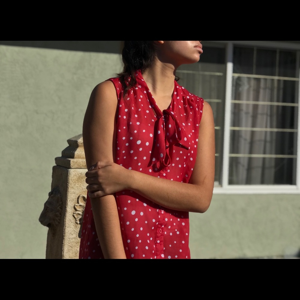 Red and white polka dotted blouse.